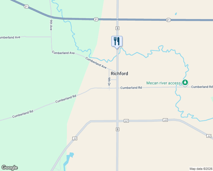 map of restaurants, bars, coffee shops, grocery stores, and more near W11126 Cumberland Road in Coloma