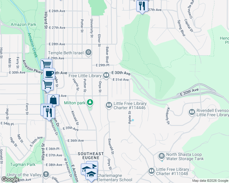 map of restaurants, bars, coffee shops, grocery stores, and more near 3192 Emerald Place in Eugene
