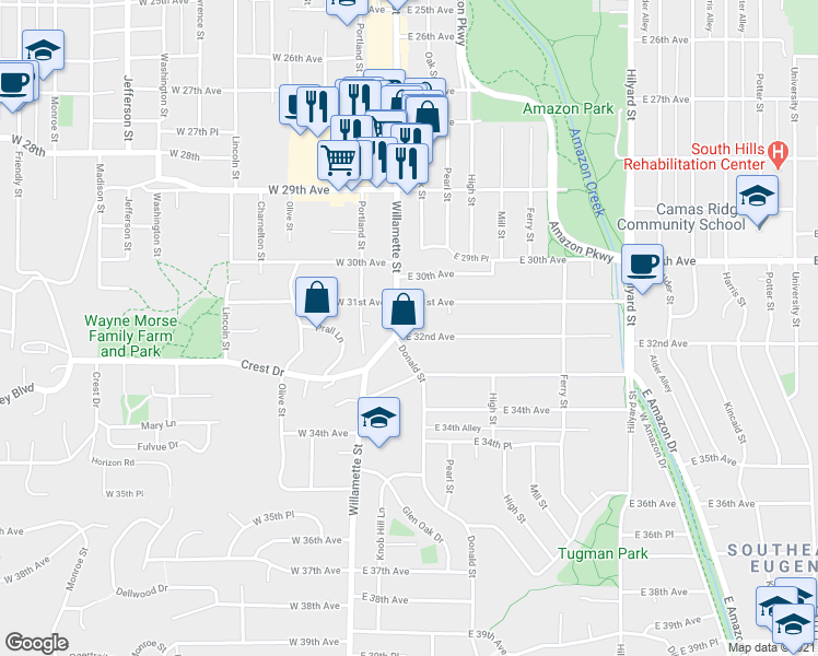 map of restaurants, bars, coffee shops, grocery stores, and more near 25 East 32nd Avenue in Eugene