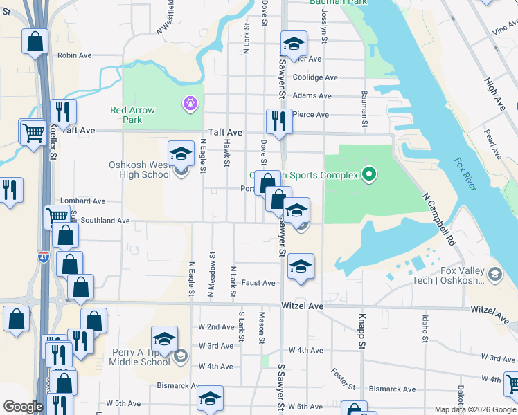 map of restaurants, bars, coffee shops, grocery stores, and more near 309 Dove Street in Oshkosh