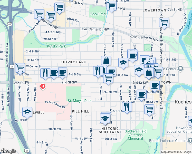 map of restaurants, bars, coffee shops, grocery stores, and more near 723 2nd Street Southwest in Rochester