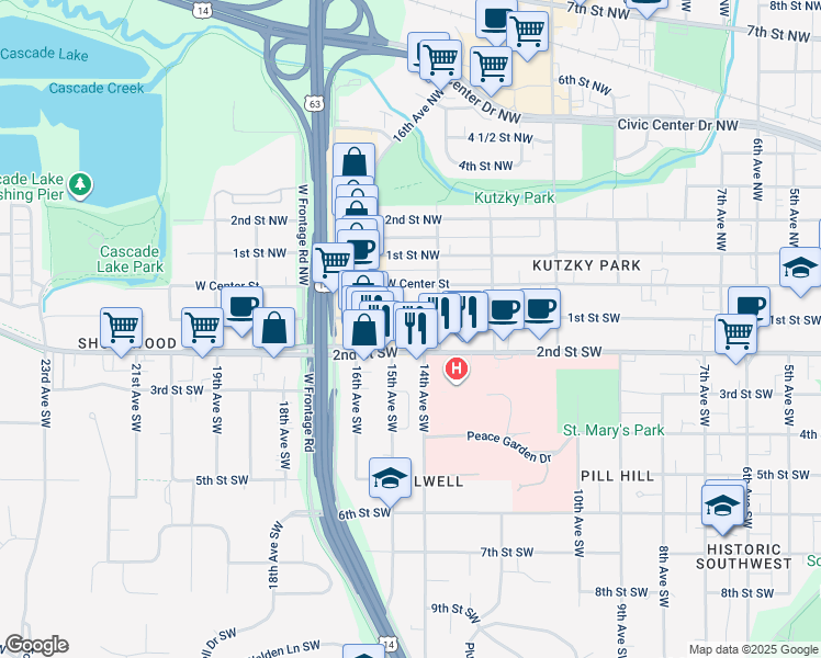 map of restaurants, bars, coffee shops, grocery stores, and more near 161 13th Avenue Southwest in Rochester