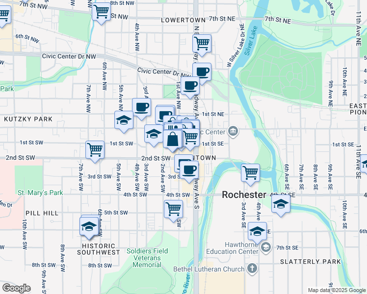 map of restaurants, bars, coffee shops, grocery stores, and more near 100 1st Avenue Southwest in Rochester