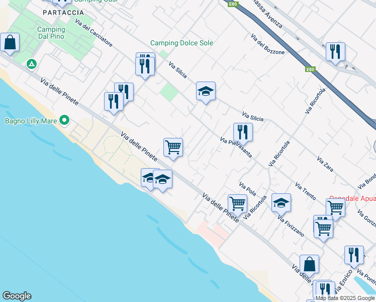 map of restaurants, bars, coffee shops, grocery stores, and more near 86 Via del Casone in Marina di Massa