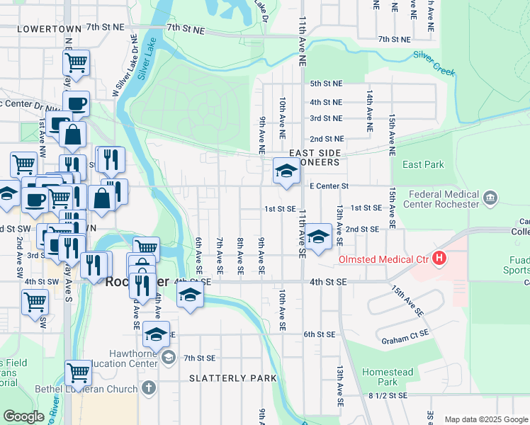 map of restaurants, bars, coffee shops, grocery stores, and more near 904 1st Street Southeast in Rochester