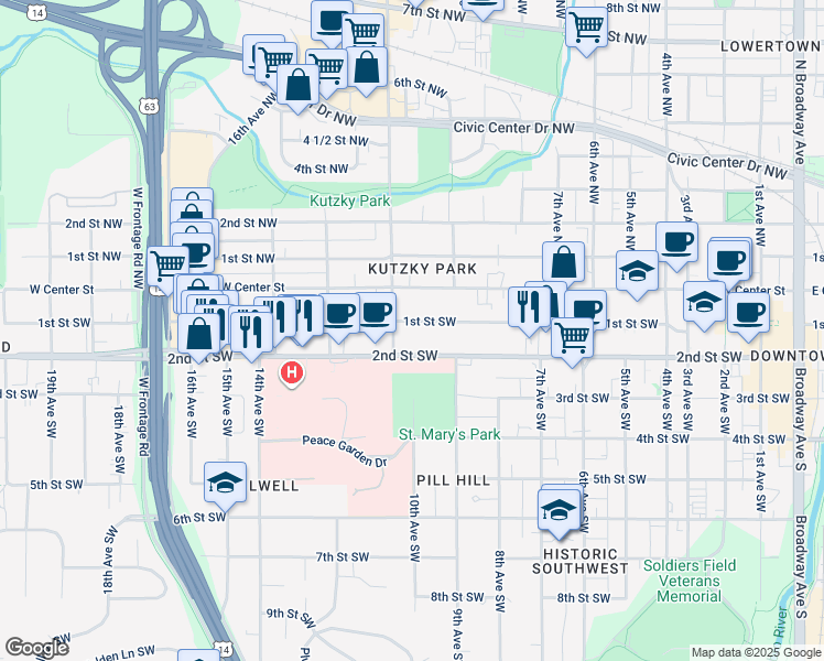map of restaurants, bars, coffee shops, grocery stores, and more near 1012 1st Street Southwest in Rochester