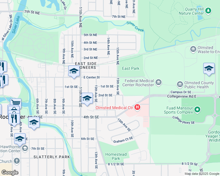 map of restaurants, bars, coffee shops, grocery stores, and more near 1410 1st Street Southeast in Rochester