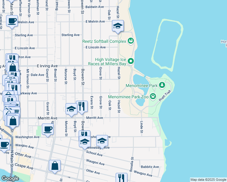 map of restaurants, bars, coffee shops, grocery stores, and more near 585 Hazel Street in Oshkosh