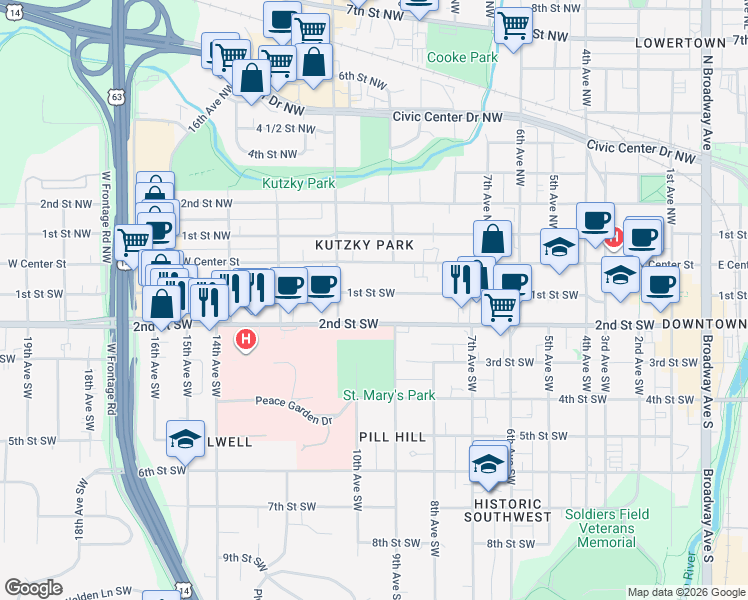map of restaurants, bars, coffee shops, grocery stores, and more near 922 1st Street Southwest in Rochester