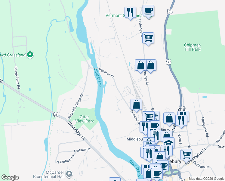 map of restaurants, bars, coffee shops, grocery stores, and more near 91 Seymour St in Middlebury