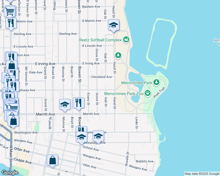 map of restaurants, bars, coffee shops, grocery stores, and more near 585 Hazel Street in Oshkosh