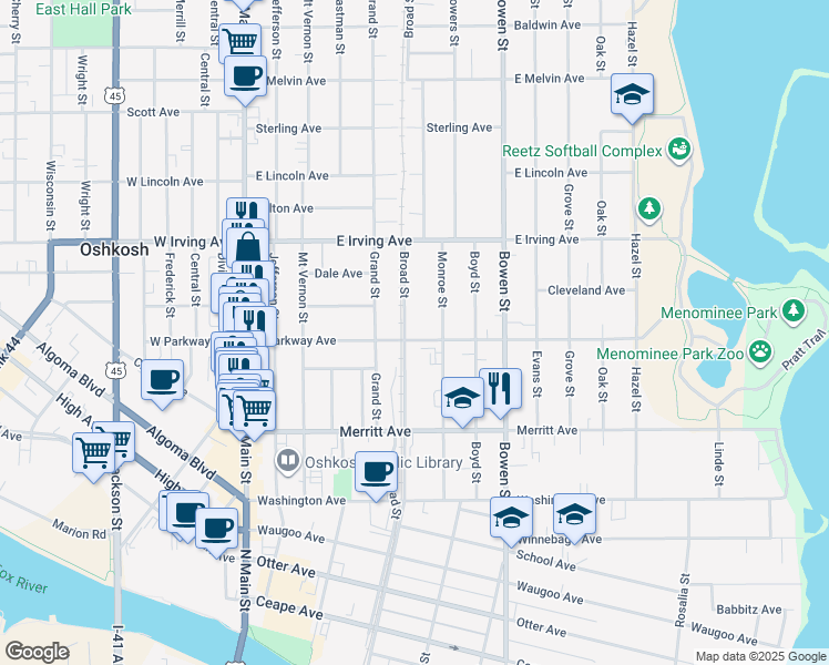 map of restaurants, bars, coffee shops, grocery stores, and more near 415 East Parkway Avenue in Oshkosh