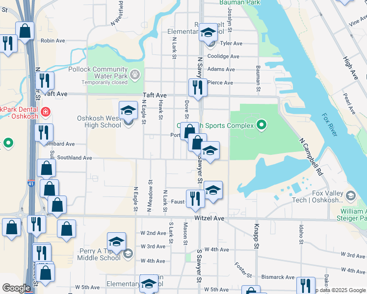 map of restaurants, bars, coffee shops, grocery stores, and more near 309 Dove Street in Oshkosh