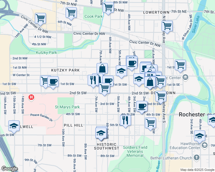 map of restaurants, bars, coffee shops, grocery stores, and more near 150 7th Avenue Northwest in Rochester