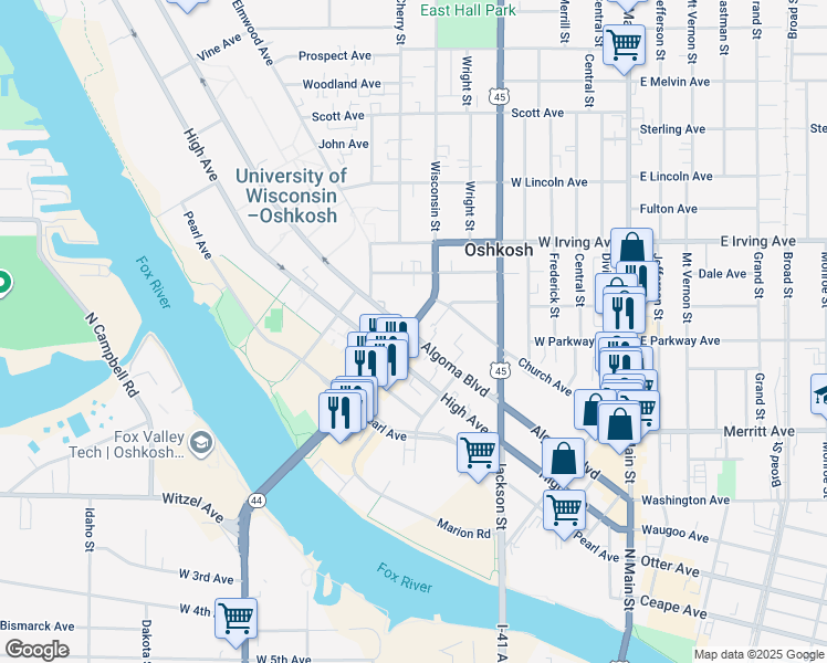 map of restaurants, bars, coffee shops, grocery stores, and more near 414 Wisconsin Street in Oshkosh