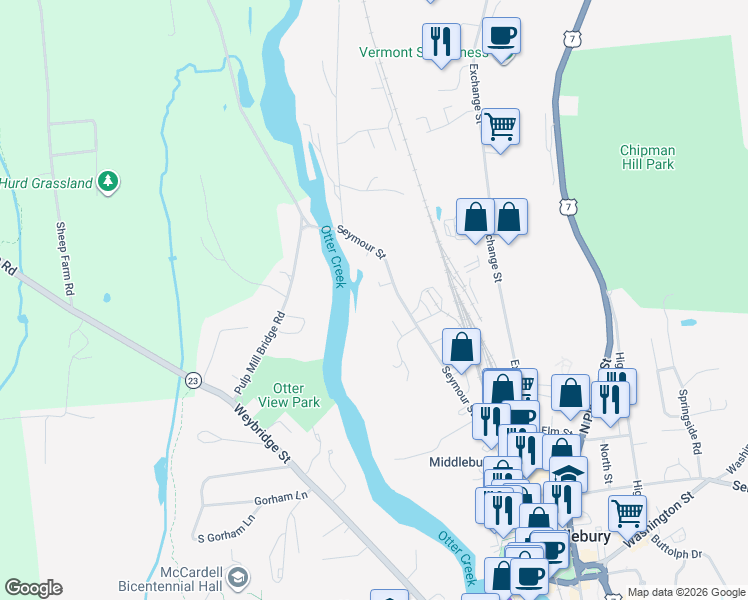 map of restaurants, bars, coffee shops, grocery stores, and more near 91 Seymour Street in Middlebury