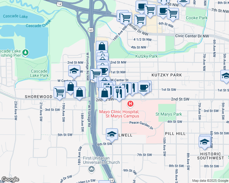 map of restaurants, bars, coffee shops, grocery stores, and more near 1422 1st Street Southwest in Rochester