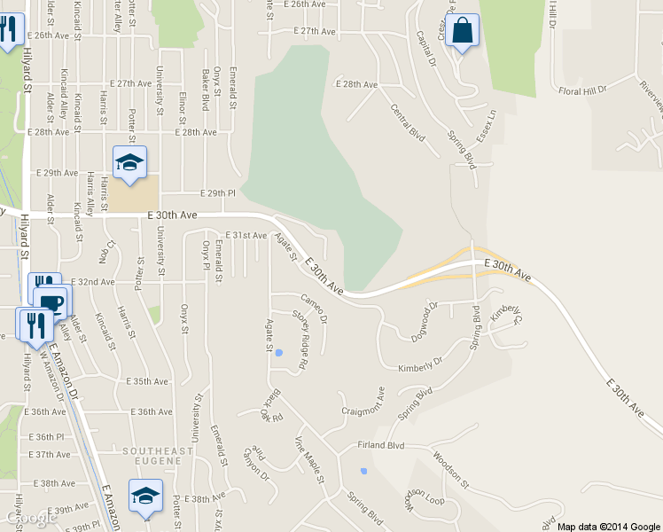map of restaurants, bars, coffee shops, grocery stores, and more near 1799 East 30th Avenue in Eugene