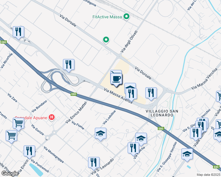 map of restaurants, bars, coffee shops, grocery stores, and more near 32 Via Massa Avenza in Massa