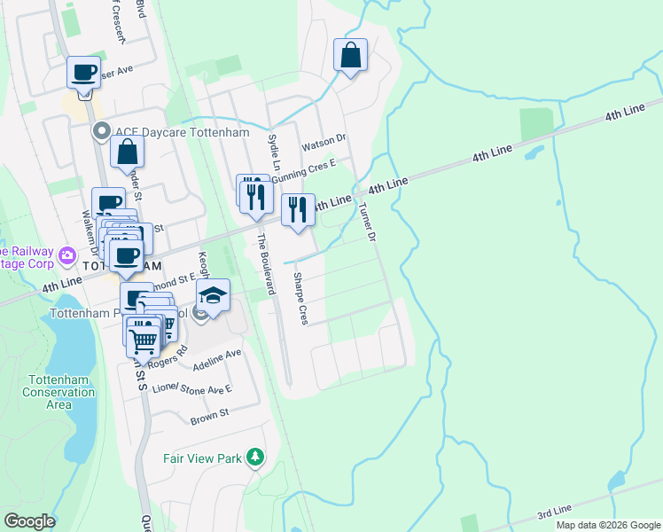 map of restaurants, bars, coffee shops, grocery stores, and more near 54 Weaver Terrace in New Tecumseth