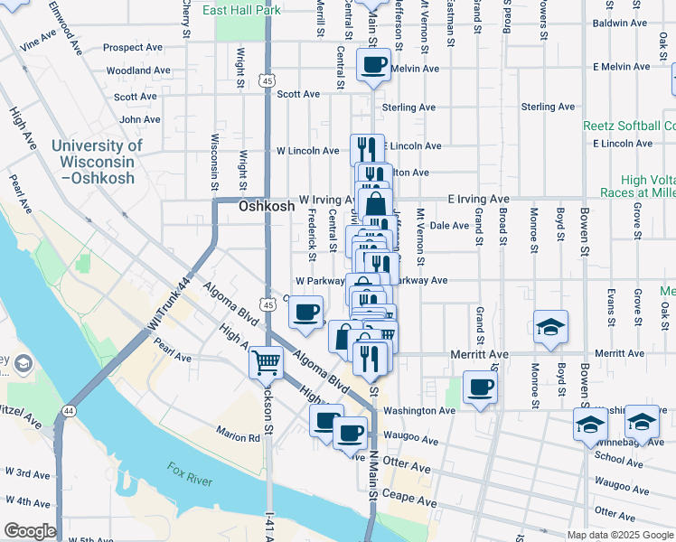 map of restaurants, bars, coffee shops, grocery stores, and more near 612 Central Street in Oshkosh
