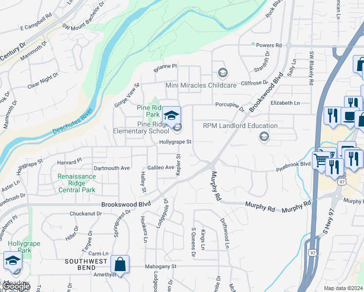 map of restaurants, bars, coffee shops, grocery stores, and more near 61186 Kepler Street in Bend