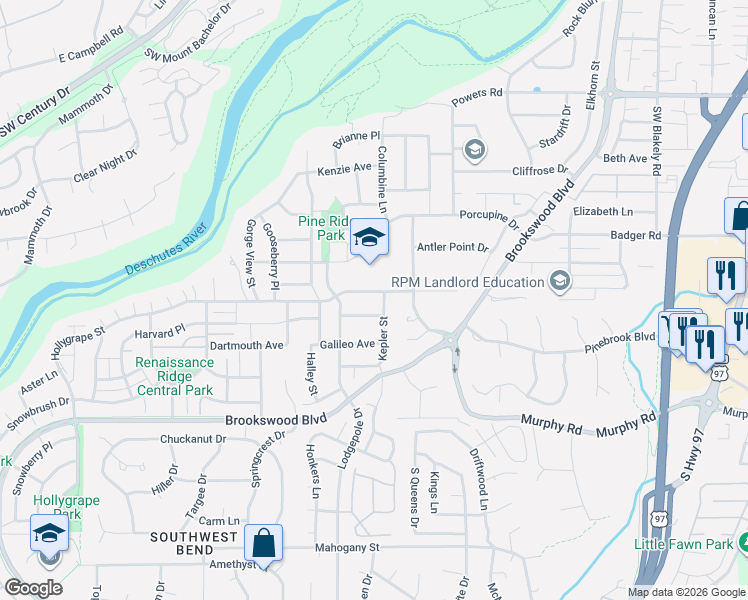 map of restaurants, bars, coffee shops, grocery stores, and more near 19835 Copernicus Avenue in Bend