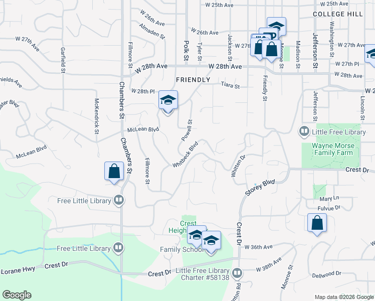map of restaurants, bars, coffee shops, grocery stores, and more near 3050 Whitbeck Boulevard in Eugene