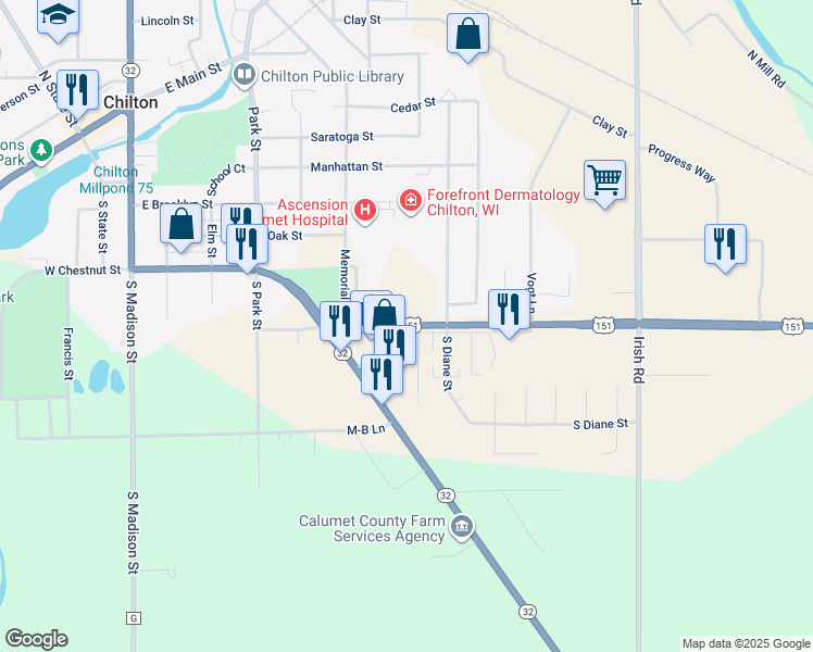 map of restaurants, bars, coffee shops, grocery stores, and more near 451 Calumet Street in Chilton