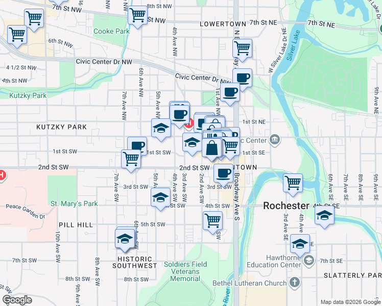 map of restaurants, bars, coffee shops, grocery stores, and more near in Rochester