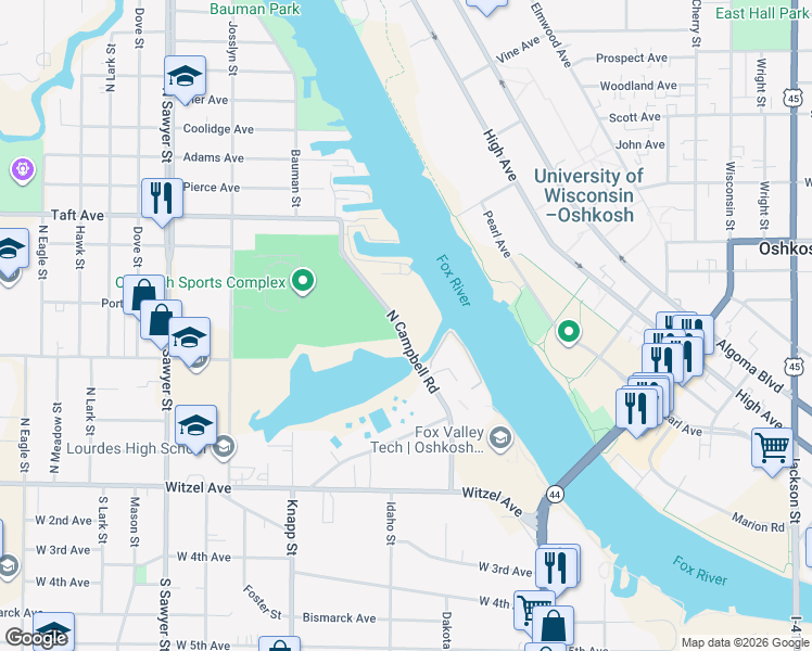 map of restaurants, bars, coffee shops, grocery stores, and more near 400 North Campbell Road in Oshkosh