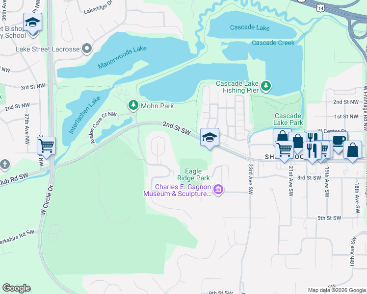 map of restaurants, bars, coffee shops, grocery stores, and more near 2804 2nd Street Southwest in Rochester