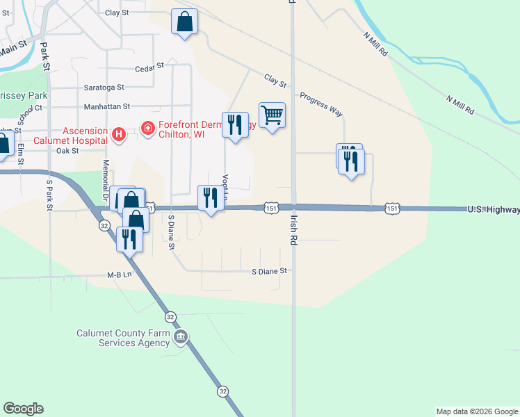map of restaurants, bars, coffee shops, grocery stores, and more near 789 Calumet Street in Chilton