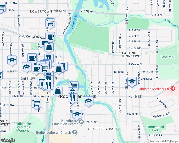 map of restaurants, bars, coffee shops, grocery stores, and more near 123 6th Avenue Southeast in Rochester