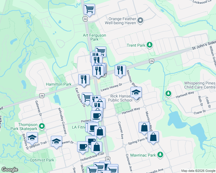 map of restaurants, bars, coffee shops, grocery stores, and more near 170 Lewis Honey Drive in Aurora