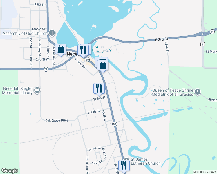 map of restaurants, bars, coffee shops, grocery stores, and more near 502 South Main Street in Necedah
