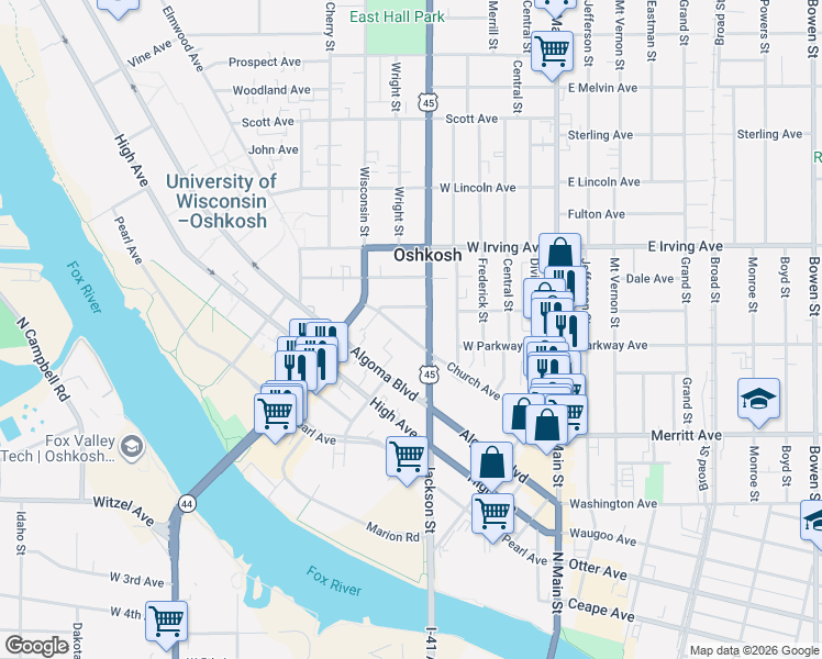 map of restaurants, bars, coffee shops, grocery stores, and more near 412 Church Avenue in Oshkosh