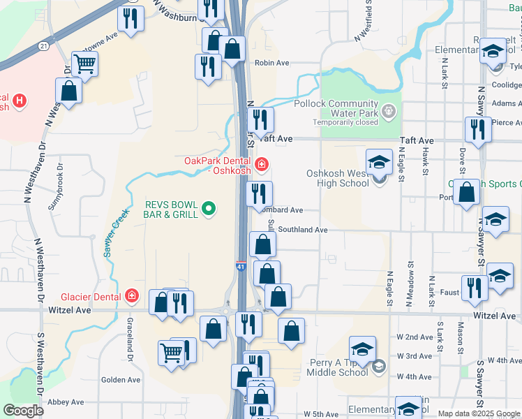 map of restaurants, bars, coffee shops, grocery stores, and more near 312 North Koeller Street in Oshkosh