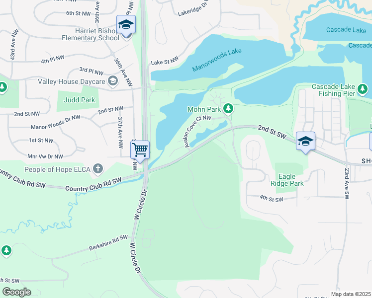 map of restaurants, bars, coffee shops, grocery stores, and more near 3202 Avalon Cove Lane Northwest in Rochester
