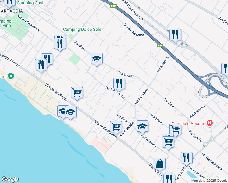 map of restaurants, bars, coffee shops, grocery stores, and more near 71 Via Pietrasanta in Massa