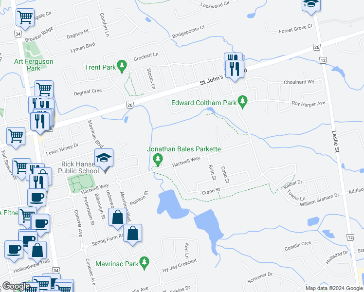 map of restaurants, bars, coffee shops, grocery stores, and more near 98 Joseph Hartman Crescent in Aurora