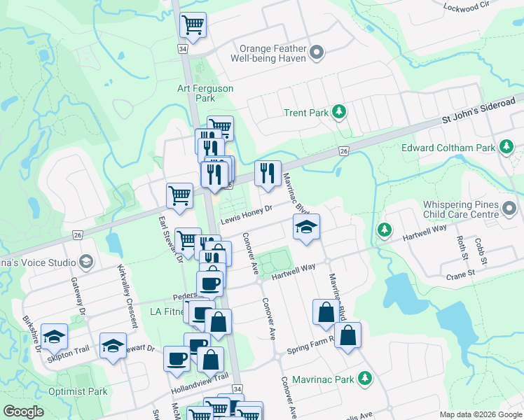 map of restaurants, bars, coffee shops, grocery stores, and more near Lewis Honey Drive in Aurora