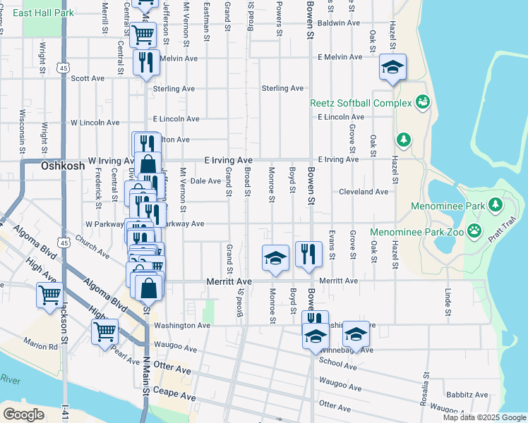 map of restaurants, bars, coffee shops, grocery stores, and more near 601 East Parkway Avenue in Oshkosh
