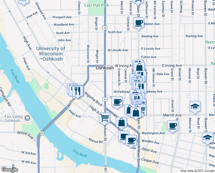map of restaurants, bars, coffee shops, grocery stores, and more near 318 Church Avenue in Oshkosh