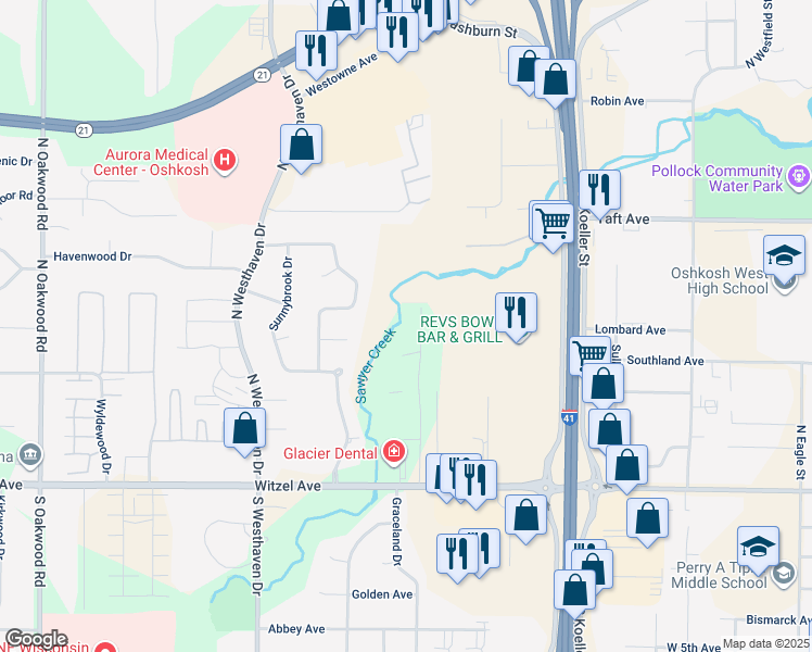 map of restaurants, bars, coffee shops, grocery stores, and more near 2235 Brookview Court in Oshkosh