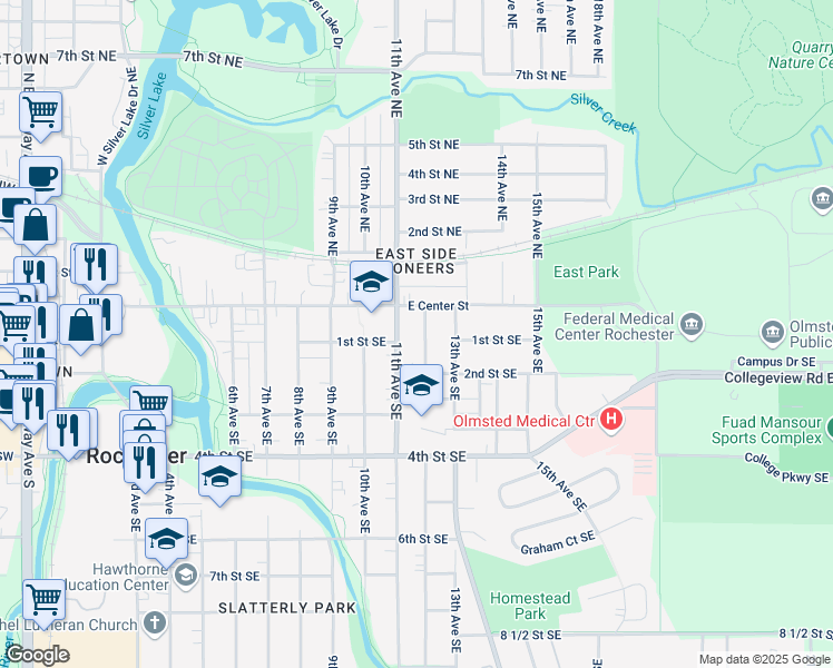 map of restaurants, bars, coffee shops, grocery stores, and more near 117 12th Avenue Southeast in Rochester