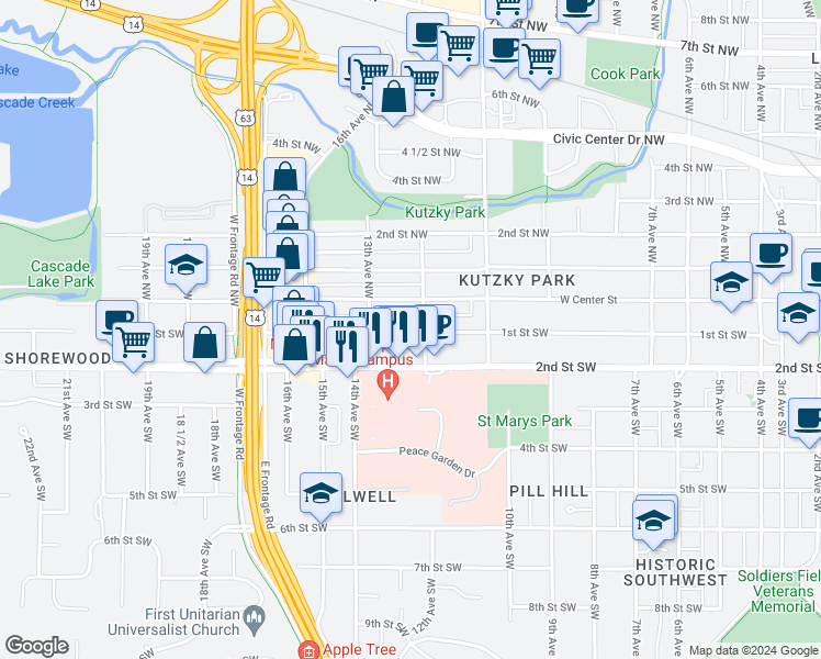 map of restaurants, bars, coffee shops, grocery stores, and more near 1227 2nd Street Southwest in Rochester