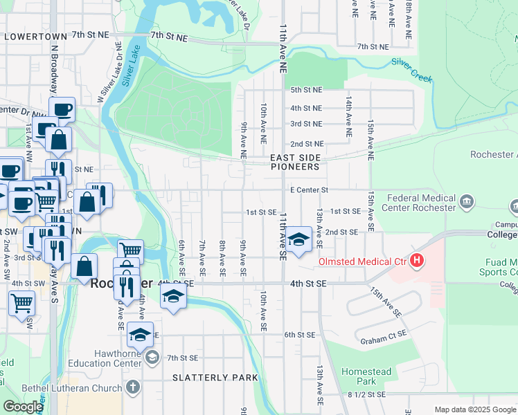 map of restaurants, bars, coffee shops, grocery stores, and more near 921 1st Street Southeast in Rochester