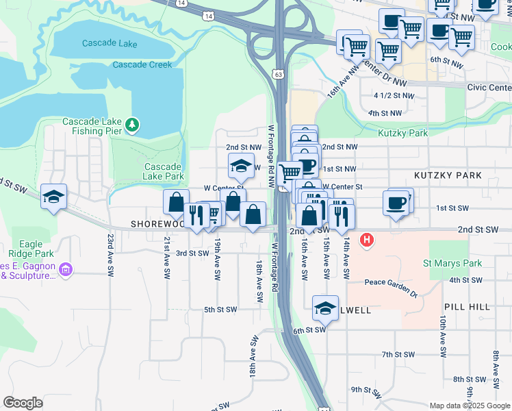 map of restaurants, bars, coffee shops, grocery stores, and more near 1737 1st Street Southwest in Rochester