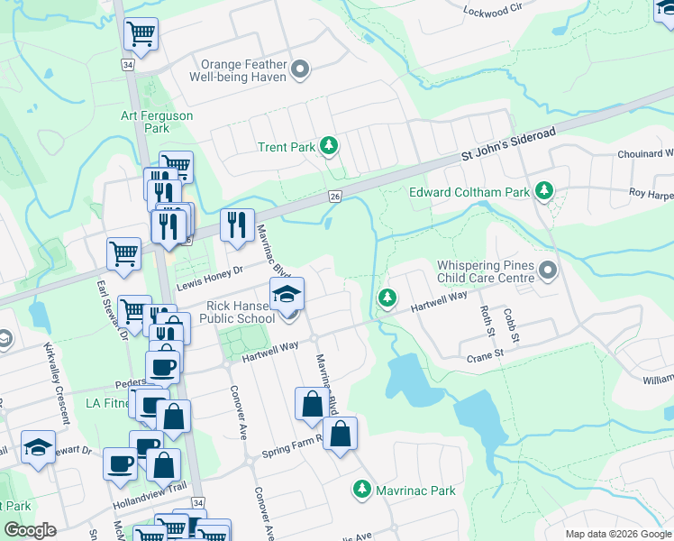 map of restaurants, bars, coffee shops, grocery stores, and more near 20 Cosford Street in Aurora